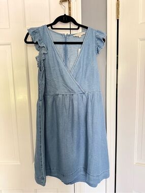 LOFT Light Blue Chambray Ruffle Sleeve Wrap Dress
